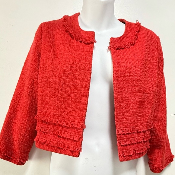 Karl Lagerfeld Red Tweed Blazer with Fringe Trim - Picture 1 of 4